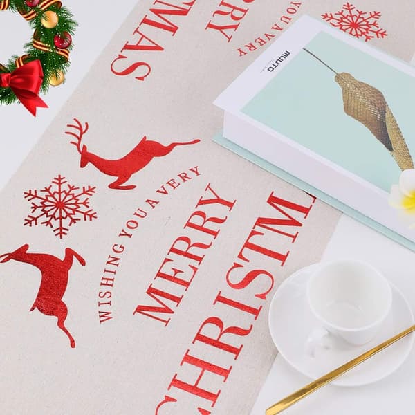 Juleflagg trykt bomullslinduk Julebordløper rektangulær bordløper dukdekorasjoner（Beige elg）