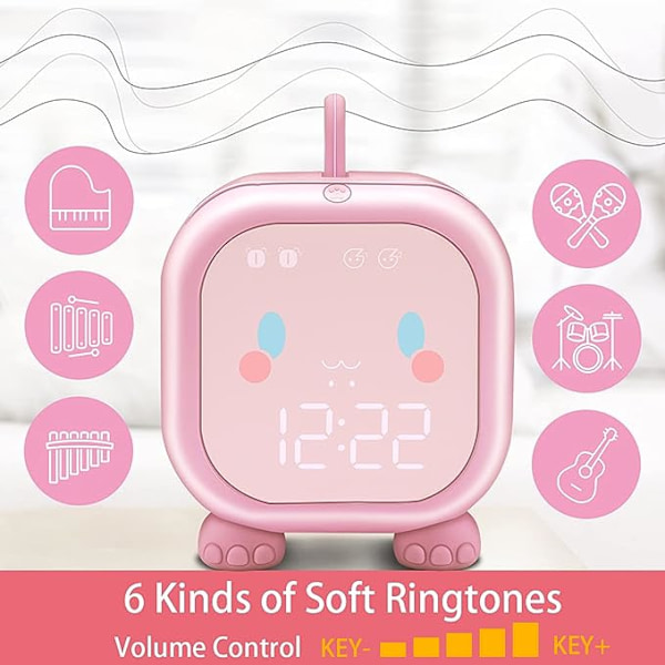 Dinosaur Square Barnealarmklokke (Rosa, 8,8*12*11,5cm) Digital Alarmklokke for Barnerom Søt Sengelampe Sovetrener USB Bursdag