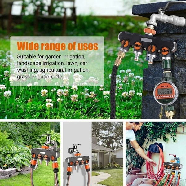4-vägs vattenfördelare - 3/4\" och 1/2\" vattenfördelare med kranventil för att ansluta två enheter samtidigt, justerbart vattenflöde, adapter för