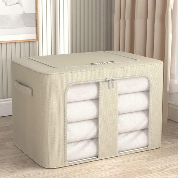 1 förvaringslåda för beiga kläder, 24 l, hopfällbar förvaringslåda med metallram, set med behållare för Oxford-kläder med transparent fönster och robust