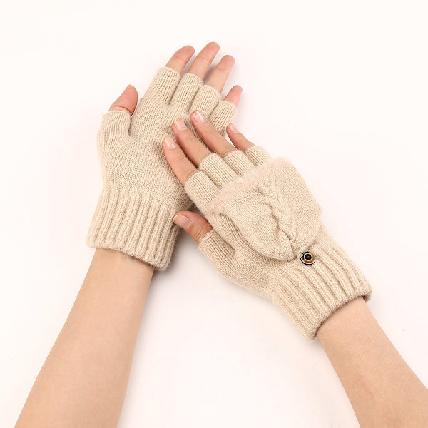 Efterår og vinter flip-top korte uldne fingerløse handsker til kvinder, varme og moderigtige strikkede halvfinger ærmer (beige)