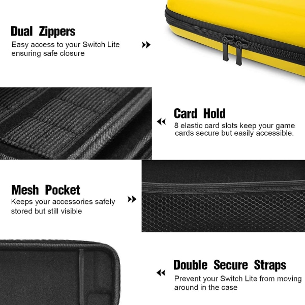 (Gul) 1 stk. Nintendo Switch Lite etui, hardcase til Nintendo Switch Lite konsol, inkluderer 8 spilkassetter, JoyCon og andet tilbehør.