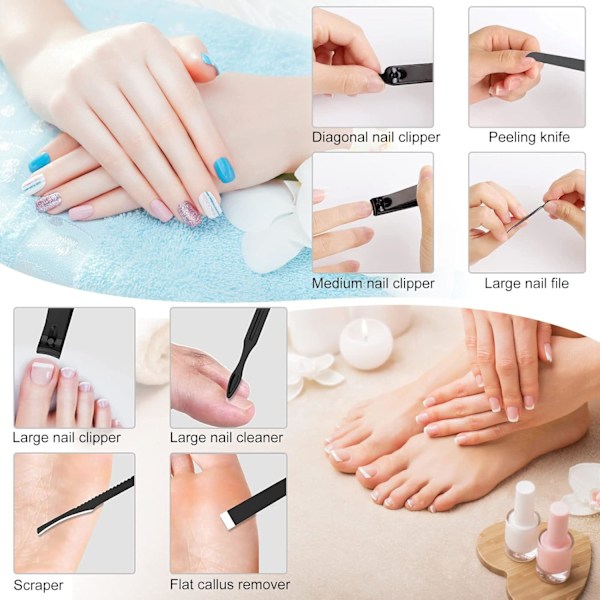 Nagelklippare Set Nagelfil Vassa Nagelsaxar och Tänger Manikyr Pedikyr Set Finger- och Tånaglar med Förvaringsfodral (Röd/Svart 24 st)