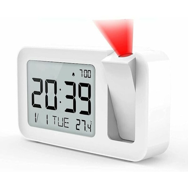 Väckarklocka, digital väckarklocka med 180° projektion, innetermometer, 4 justerbara ljusstyrkor, volymjustering, 12/24h justering, funktion