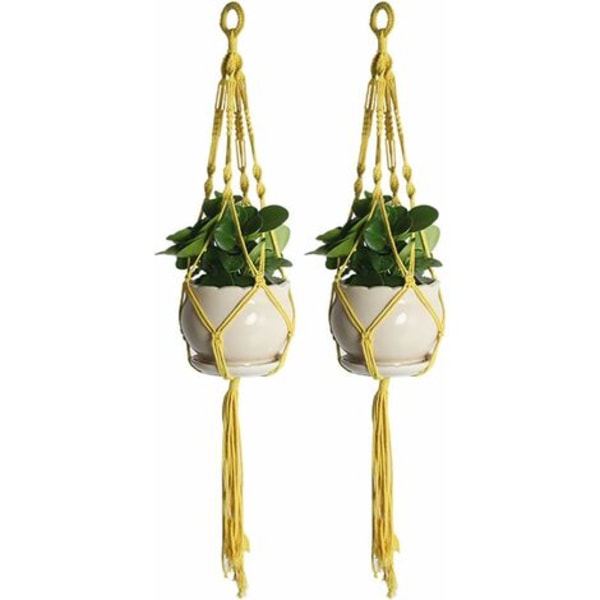 2 Macrame-kasvitelineen sarja, käsintehtyjä puuvillaköysiripustimia, kukkaruukkujen pidike, sisäkasvitelineet, keltainen