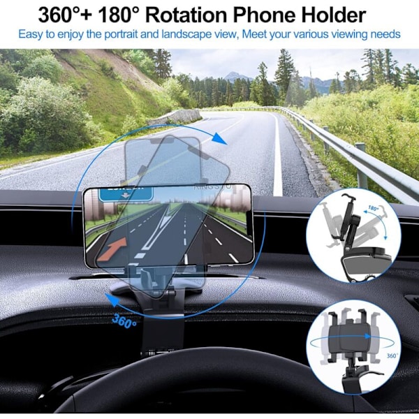 360-graders rotation biltelefonholder, til instrumentbræt, kompatibel med GPS og mobiltelefoner fra 3,0 til 7,0 tommer. Sort