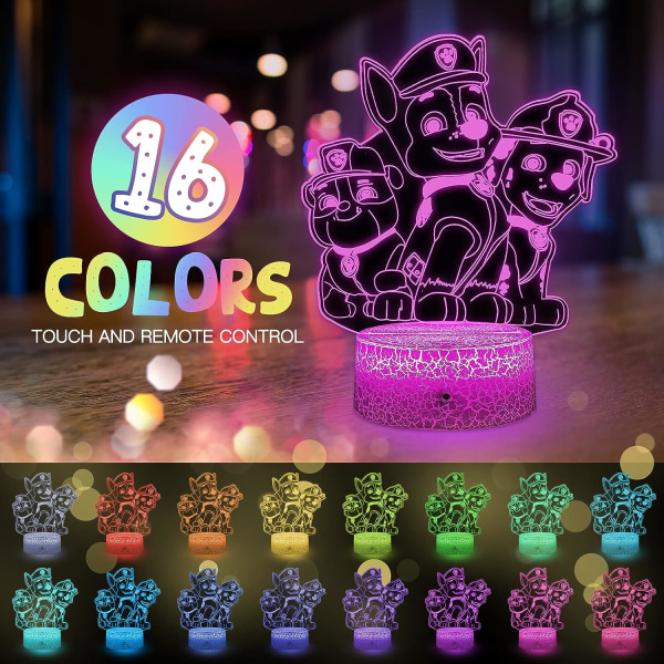 Paw Patrol 3D nattlampa för barn, leksak, fjärrkontroll 16 färger