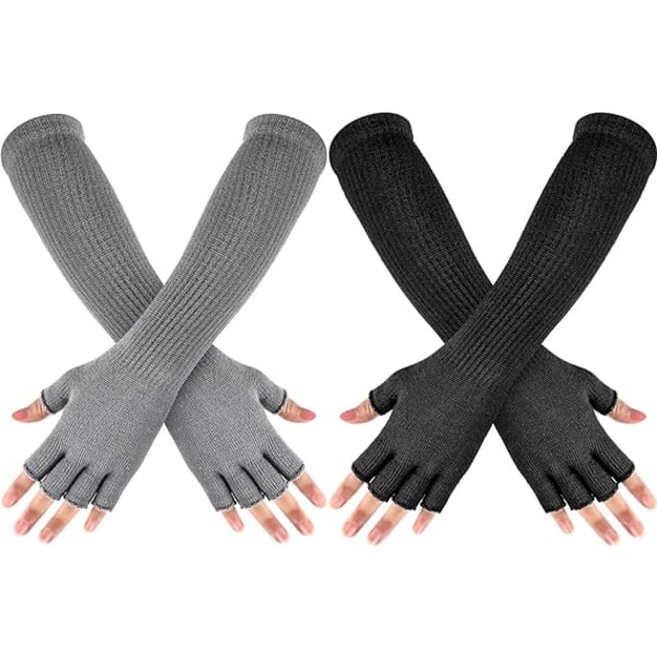 2 par vinter-fingerløse handsker lange termiske strikkede handsker stretch-strikkede termohandsker halvfinger handsker mænd kvinder, 11 tommer