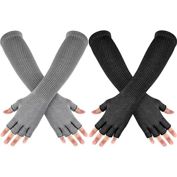 2 par vinterhandskar utan fingrar, långa termiska stickade handskar, stretchiga stickade termiska handskar, halvfingerhandskar för män och kvinnor, 11 tum