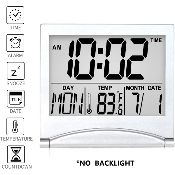 Digital Reseväckarklocka - Fällbar Kalender Temperatur Timer LCD Klocka med Snooze-läge (Silver, Ingen Bakgrundsbelysning)