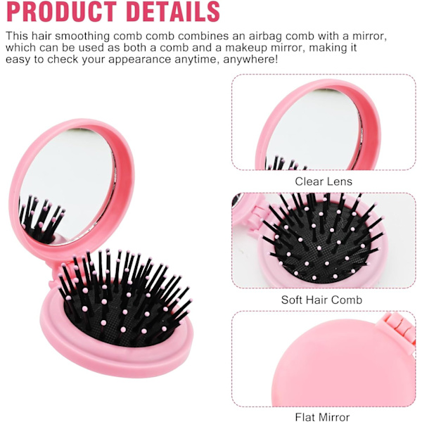 Hårkam Mini Rund Fällbar Kam 1 Solid Färg Mjuk Söt Spegel Mini Bärbar Fällbar Kam (Rosa)