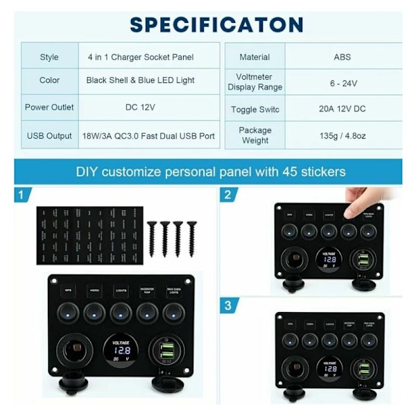 5-osainen keinukytkinpaneeli - Vedenpitävä keinukytkin - Kaksois-USB DC 12V/24V - Veneeseen, autoon, kuorma-autoon, perävaunuun, merenkulkuun, SUV-ajoneuvoihin, matkailuautoon