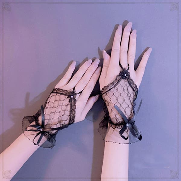 Dambröllopsfest Fingerless Bow Lace Brudhandskar 7 Tum Svart