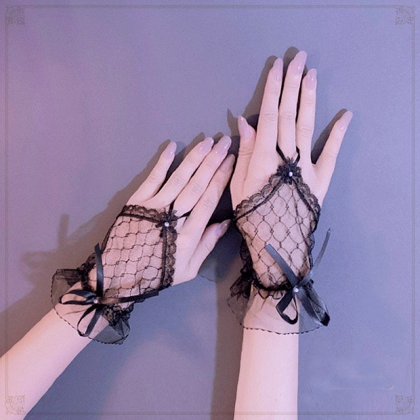 Dame Bryllupsfest Fingerless Bue Lace Brudehandsker 7 Tommer Sort