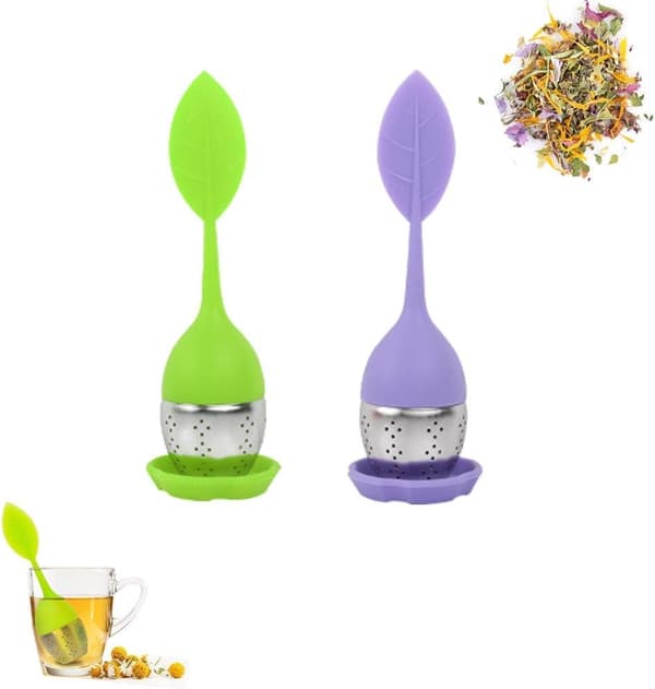 2 stk teinfuser, diffusjonsfilter, tebladformet tesil, teinfuser med matskål i silikon av matkvalitet, tesil i rustfritt stål (lilla)