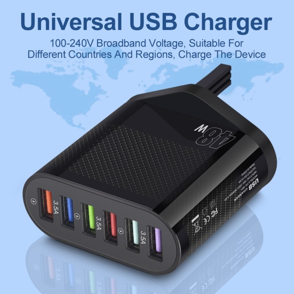 Mobiltelefonoplader 3.5A Tablet Rejseoplader Ladehoved - 6USB - Europæisk standard hvid