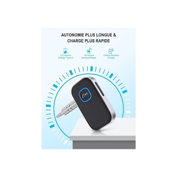 Bluetooth 5.3 Mottaker for Bil, Bluetooth Adapter for Bil, 3.5mm AUX Jack med Trådløs Støyreduksjon for Bilstereo/Bilradio/Kablede Hodetelefoner/Høyttaler