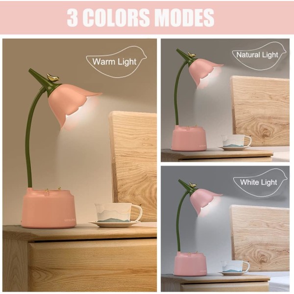 Barne-LED-skrivebordslampe (rosa), USB-oppladbar blomsterfugl-bordlampe, leselampe med justerbart lys og berøringssensor, soveromsdekorasjonslampe