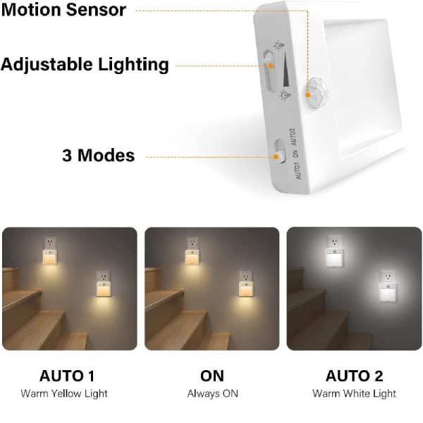 Elektrisk nattlampa, [2-pack] Nattlampa med rörelsesensor (PÅ/AUTO/AV), 3500K varmvit dimbar LED-nattlampa, barnens nattlampa för sovrum, hall, kök, trappor