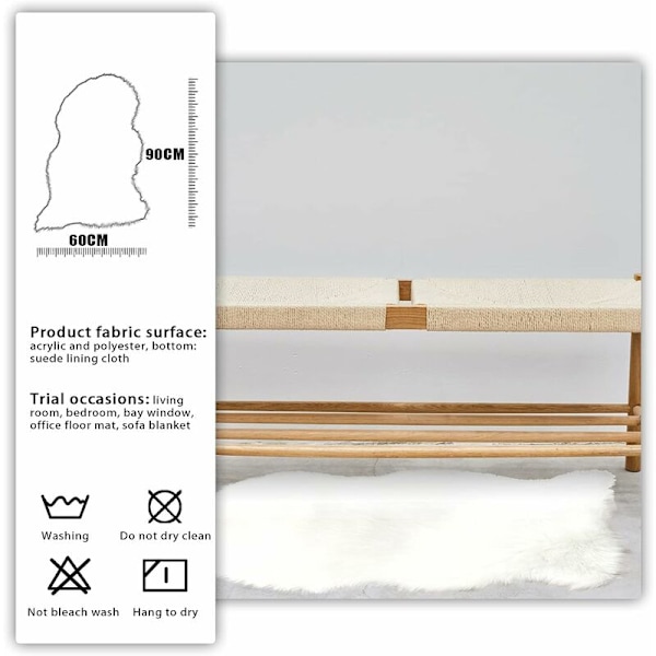 Fårskinnsmatta, mjuk och fluffig, idealisk för vardagsrum, öppen spis, sovrum eller barnrum (Vit 60 x 90 cm)-