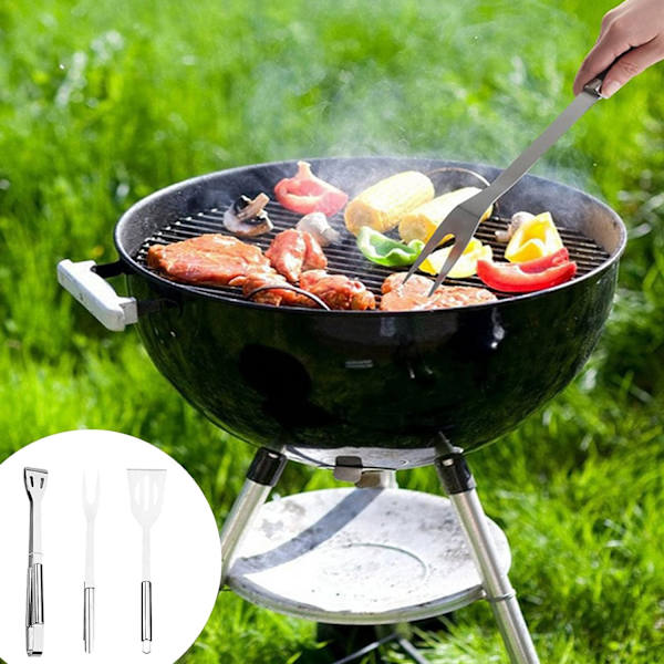 BBQ-verktøysett, 3 stk profesjonelt grilltilbehør i rustfritt stål med håndtaksoppbevaringspose, campinggrillutstyrsett spatel tang F