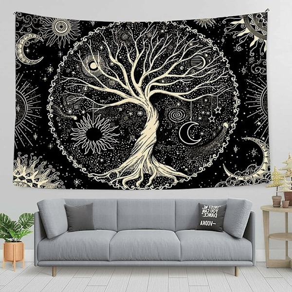 (150 x 130cm) Gobeläng Livets träd Gobeläng Träd Svart Vit Vägg Gobeläng Sol Väggdekoration Psykedelisk Tapis Gotisk Gobeläng Väggdekoration