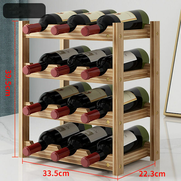 Horisontell flaskhållare Vinhylla Horisontell, 4 våningar för 12 träflaskor i vinflaskor Mått 33,5x22,3x39,5 cm Flaskhållare i furu