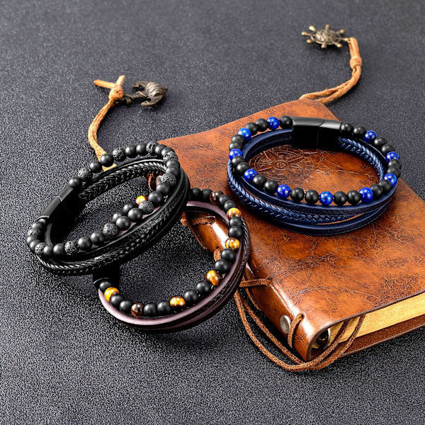 Handvävt Läderarmband med Tigeröga Stenar Handvävt Lava Stenar Pärlor Armband för Män Blå