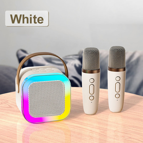 Karaokemaskin med 2 trådløse mikrofoner, BT-høyttaler med grave/akutt justering og LED-lys, støtter TF, USB og at
