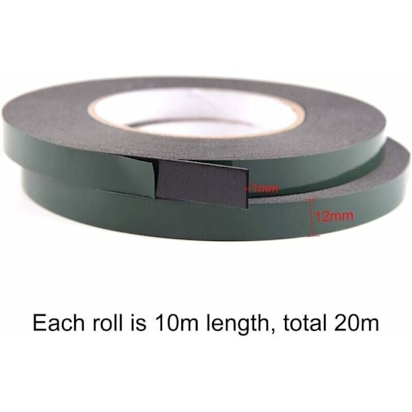 2 ruller 12mm Uban dobbeltsidig tape i svart skum, vanntett monteringsbånd for bilfyllinger, nummerskilt (10m per rull)