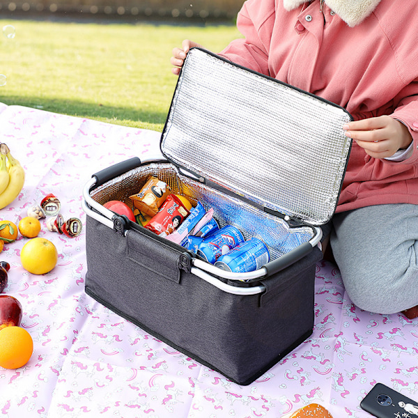 Piknikkurv med håndtak, sammenleggbar, isolert piknikkurv med glidelås, vanntett piknikpose, handlekurv, camping, utendørsaktiviteter