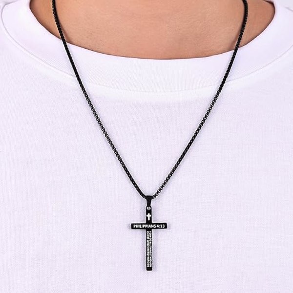 Biblisk Vers Kors Halsband Män Rostfritt Stål Herrhalsband, Svart/Guld/Silver Korshänge