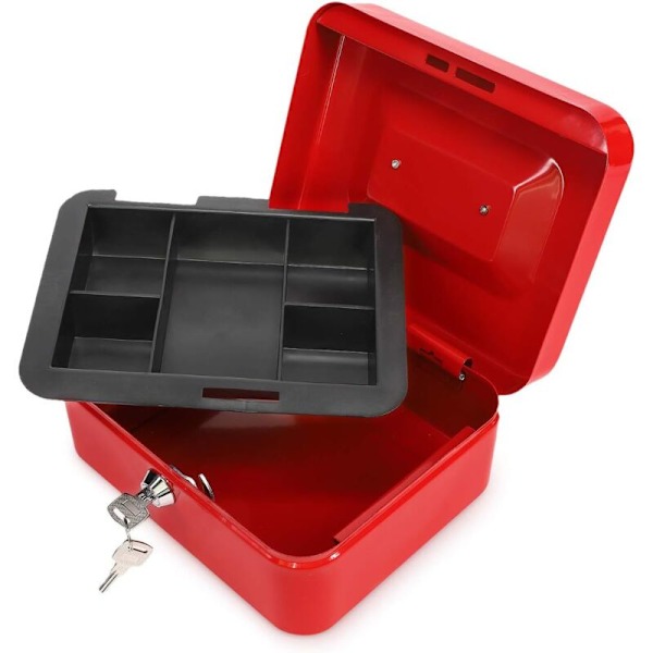 Kasseapparat med valuta - Monnayeur 20 x 15 x 9 cm i stål til delebilletter - boks med aftagelig bakke 5 rum og 2x nøgle