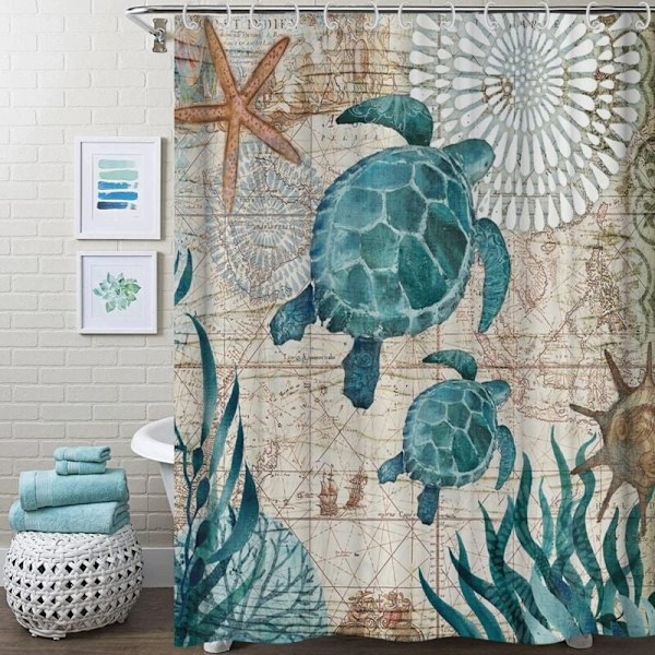 (150x180cm) Dusjforheng med 12 kroker Hurtigtørkende Skilpadde Vanntett Polyester Stoff Maskinvaskbare Baderomsgardiner