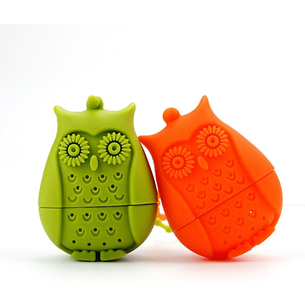 Gräsgröna, orangea, en bit vardera, set om 2 ugglaformade silikonteinfuser