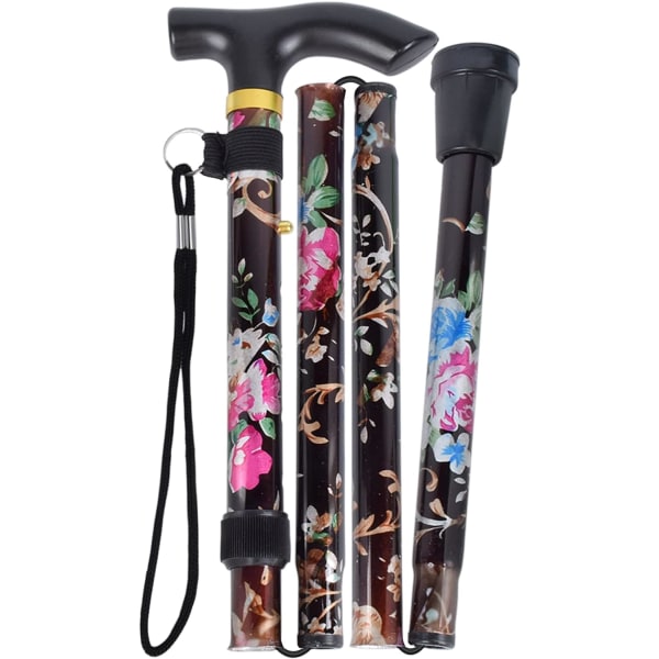 Black - 1 Piece Folding Walking Stick, Flower Aluminum Walking Stick, Adjustable Lightweight Portable Trekking Stick With Ergonomic Non-slip Handle,