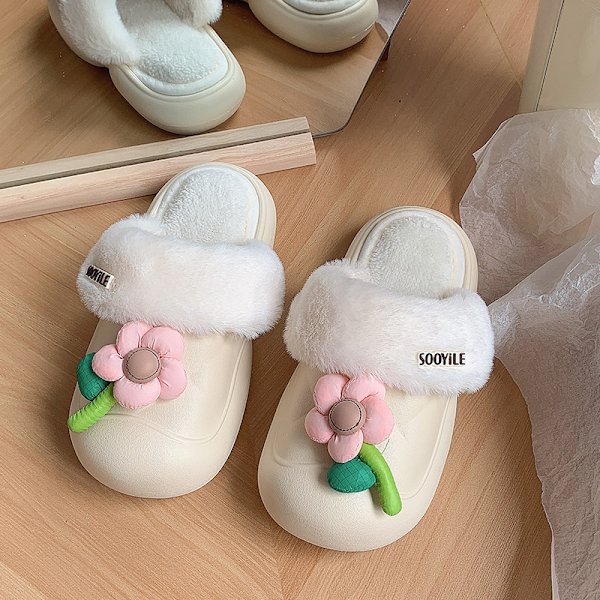 Varma tofflor för kvinnor, bekväma minnessvampblommtofflor, fluffiga halkfria bekväma plysch utomhus inomhus hemtofflor 24cm
