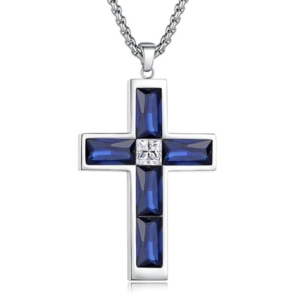 Herre Kors Halskæde, Fødselssten Farvet Ædelsten Cubic Zirconia Kors Vedhæng Halskæde, Herre Rustfrit Stål Halskæde 61 cm Kæde Håndlavede Smykker