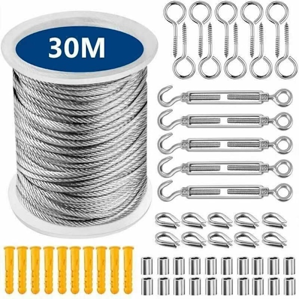 Rostfritt Stål Hängande Rep Kit 30 Meter Rostfritt Stål Rep, 304 Rostfritt Stål Vajer Kit med Vantskruv och Krokar-