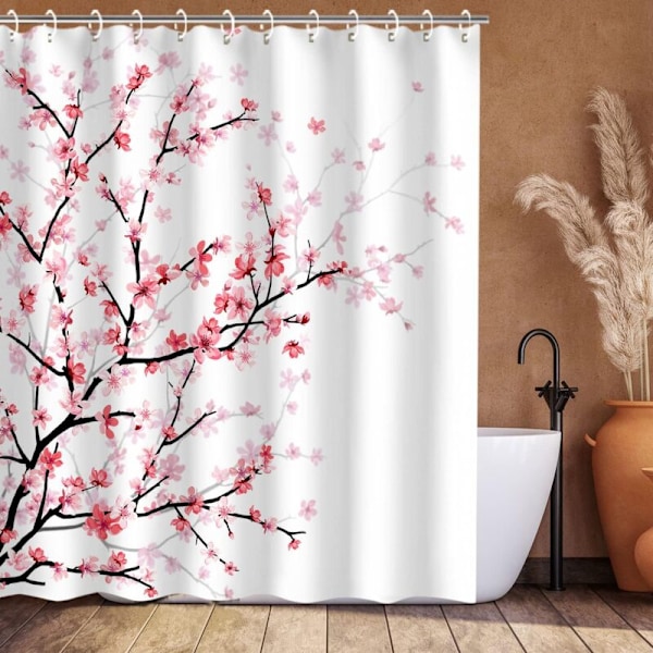Badeværelsesforhæng i stof med kroge, Sakura pink blomstermønster, dekorativt bruseforhæng til badeværelse, maskinvaskbart, 182,9 x 182,9 cm