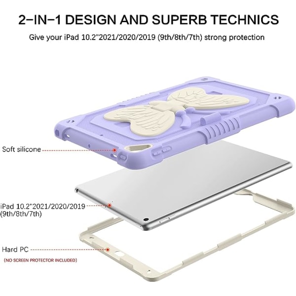 Fjärilsformad stötsäker iPad 10,2 \"skyddande skal (lila, exklusive iPad), 9:e generationens skyddande skal, 8:e generationens skyddande