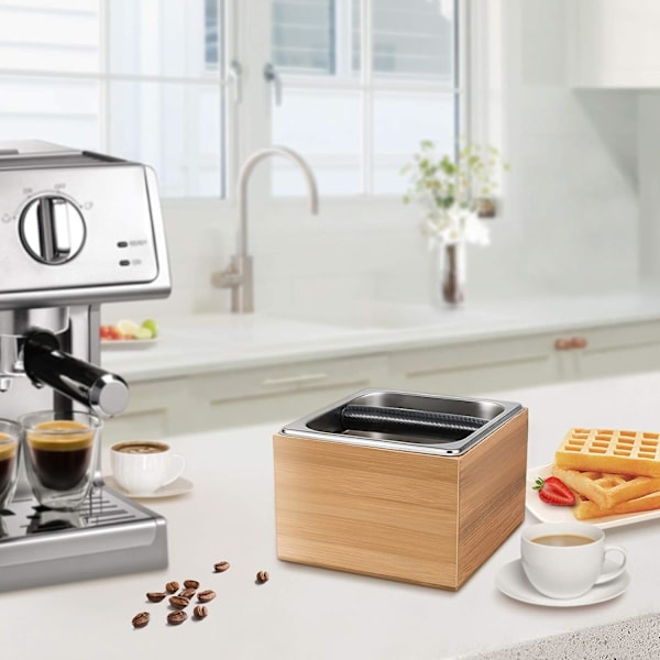 Kaffesumpslåda, Kaffesumpsbehållare med Silikonbelagd Slagstång - Tillverkad av Bambu och Rostfritt Stål - Avfallsbehållare för Ditt (16.5*17.8*11cm)
