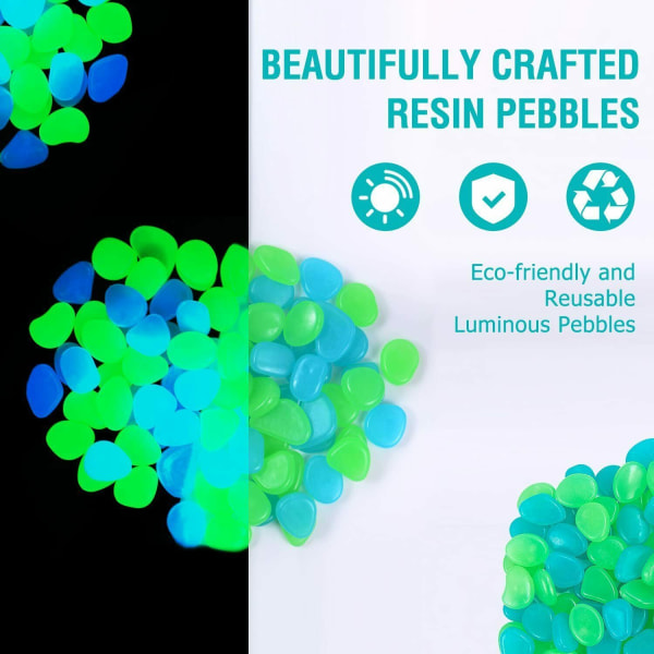 Luminous Pebbles, 300 kpl Sinivihreä Yöhohtava koristekivi