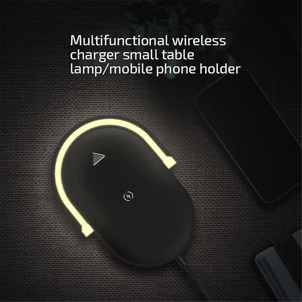 3-i-1 Trådløs Lader LED Berøringsnattslys Sengelampe Telefonholder Svart