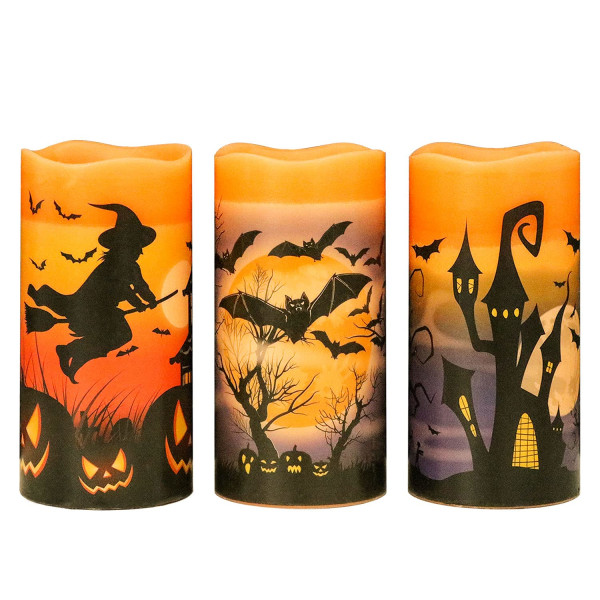 Halloween Flamlösa Flimrande LED-Ljus med 6 Timmars Timer, Batteridrivna Vaxljus Assorterade Dekaler Häxa, Fladdermus, Slott 3-Delars Set för Dekora