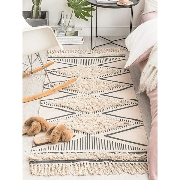 Tuftet bomullsmatte - Vaskbar med pompom - Vevd geometrisk teppe - Bohemsk teppe for vaskerom / soverom (Beige, 60\"