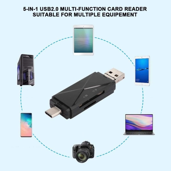 Type C kortlæser, USB 2.0 5 i 1 OTG Multi-Card Reader Converter