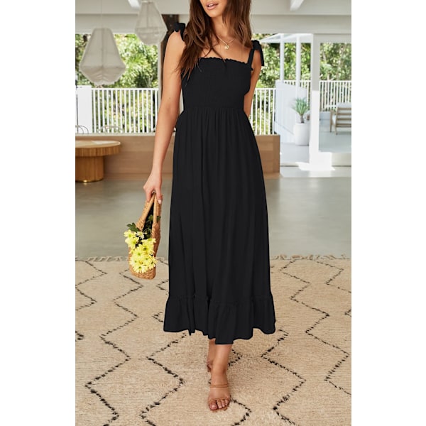 Kvinde 2023 Sommer Boheme Spaghetti Kjole, Firkantet Hals Solid Farve Ruffle A-Linje Strand Maxi Kjole