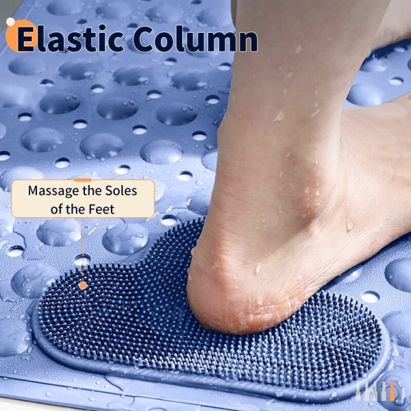 Indoor shower mat, TPE bath mat with 166 strong suction cups, foot massage area, washable, soft to touch, 40x70 cm (blue)