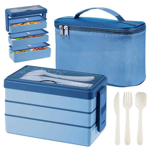 1450 ml 3-vånings lunchlåda med bestickset, lunchlåda med isolerad väska lämplig för studentkontor Vuxen kontor Mikrovågsugn Diskmaskinssäker (Blå)